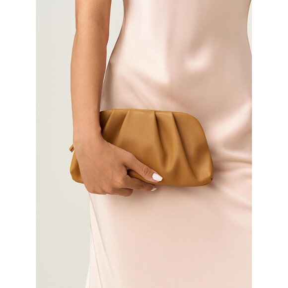 ⚡Women\'s Soft Pleated Vegan Leather Zipper Closure Evening Brown Clutch Bag